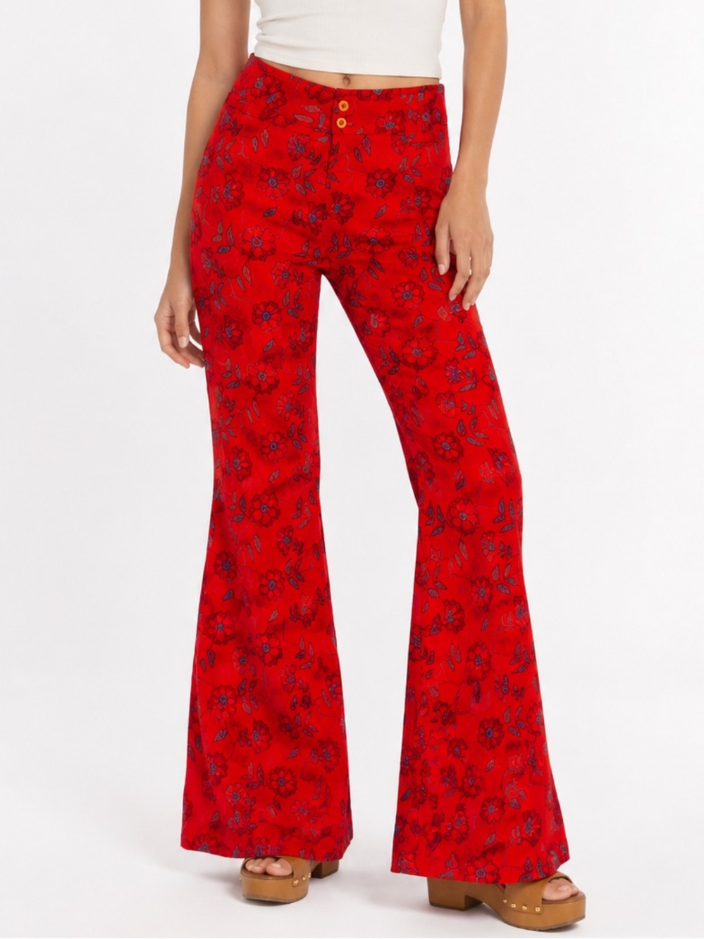 Vintage Pants 70’s Flares Orange Red Blue Embroidered‎ Floral Boho Size Small